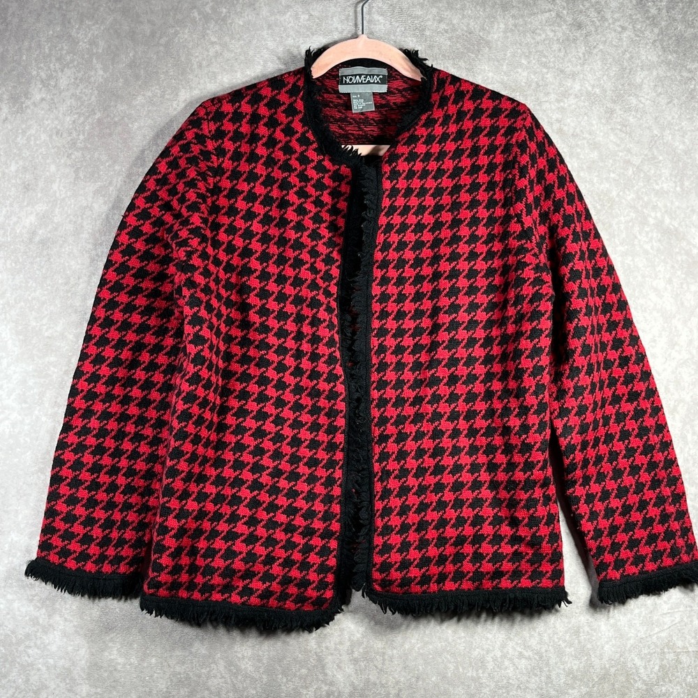 Nouveaux Wool Blazer Cardigan Sweater Womens Small Red Black Houdstooth Knit